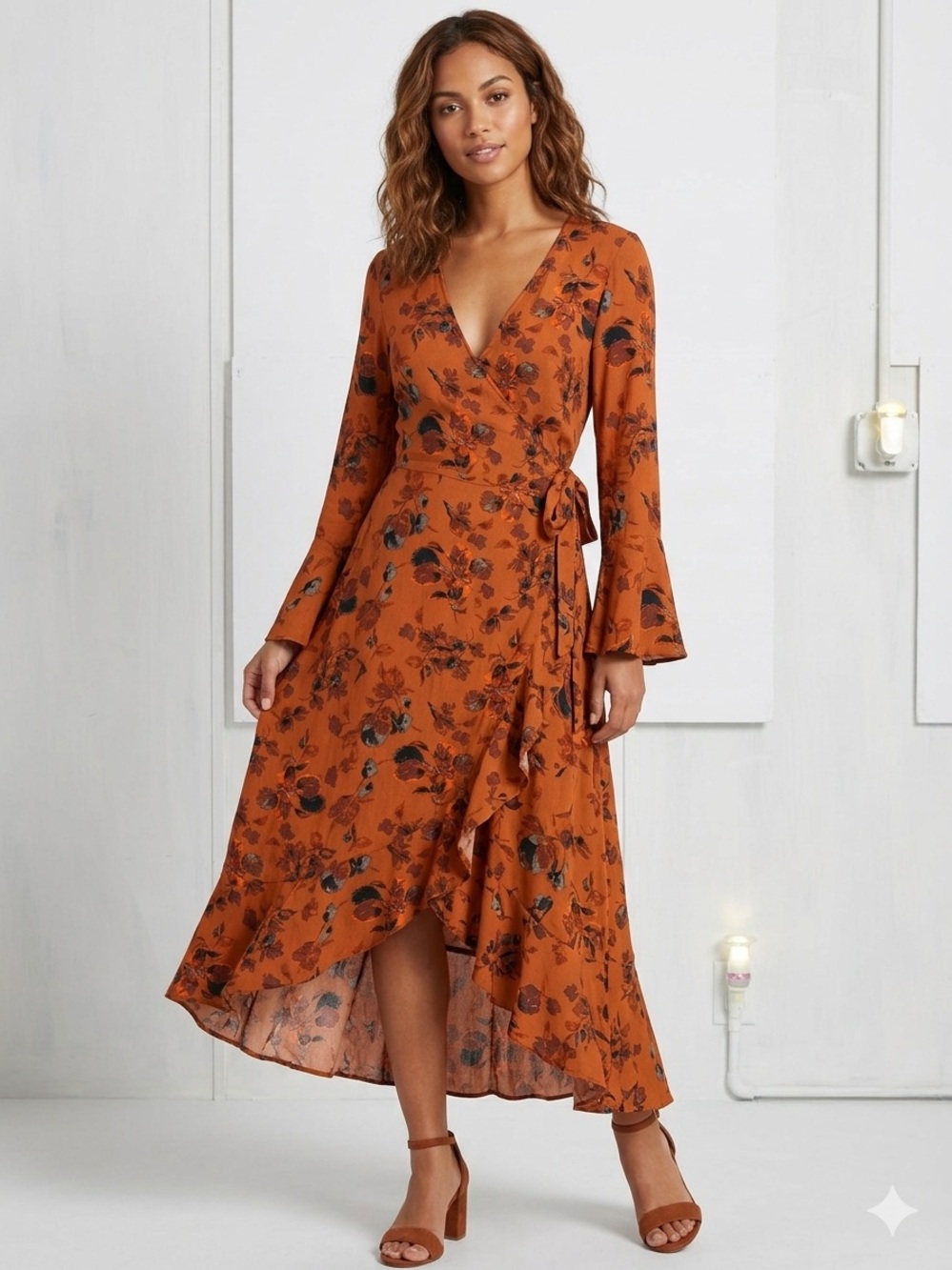 Leith Floral Wrap Dress Size XXS, Rust Color - Ideal for Autumn